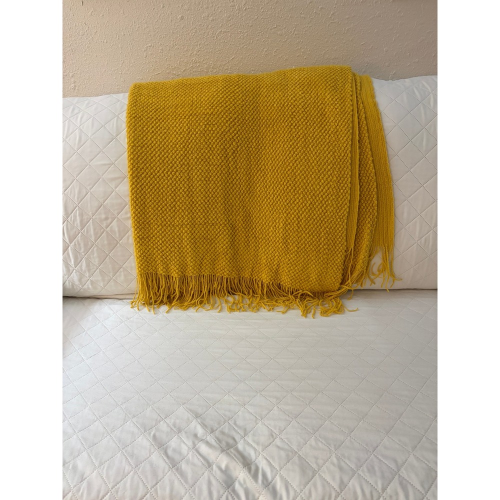 Mustard Yellow Popcorn Knit Throw Blanket with Fringe Trim Boho Decor